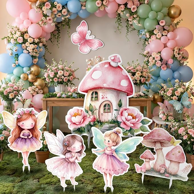 6 Pcs Fairy Wonderland Birthday Party Decoration Mushroom House Baby Shower Decoration Fairy First Birthday Cardboard Cutout Photo Props for Girls Women Party Supplies