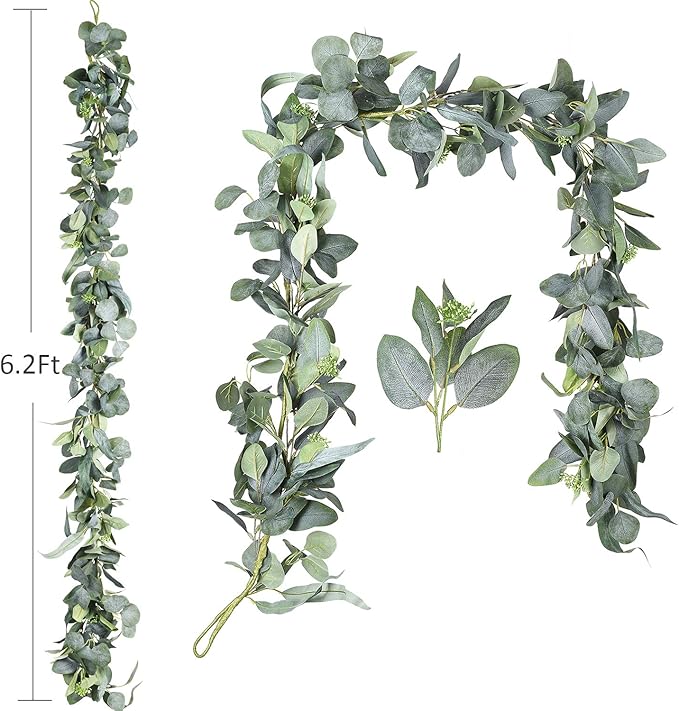 DearHouse 6.2 Feet Eucalyptus Garland Artificial Silk Eucalyptus Leaves Vines Handmade Garland Greenery Wedding Home Backdrop Arch Wall Decor