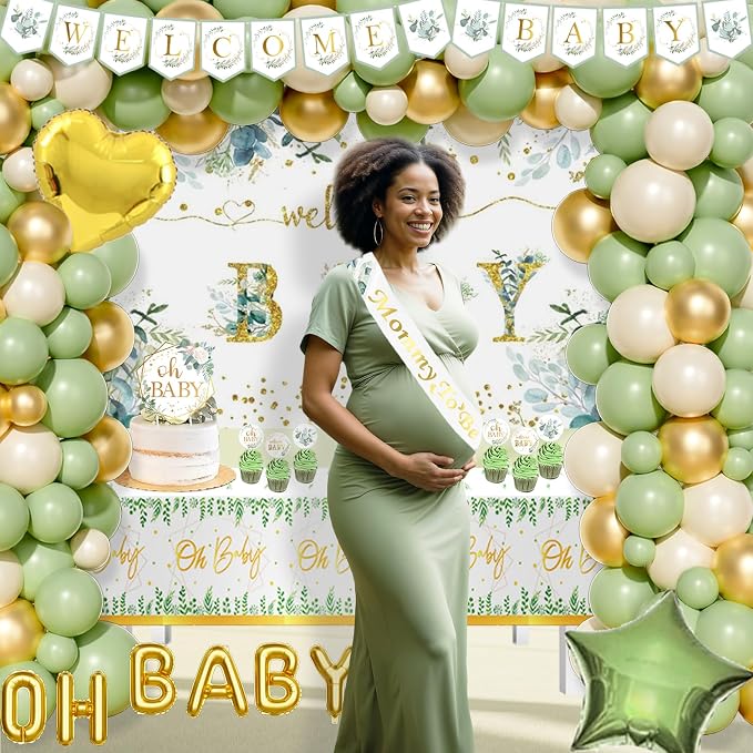 Hombae Sage Green Baby Shower Decorations, Gender Neutral Greenery Baby Shower Decorations, Welcome Baby Backdrop Green Gold Balloon Banner Tablecloth Cake Cupcake Topper Mommy to Be Sash Boxes