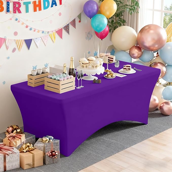 Moosfor Spandex Elastic Fitted 8FT Rectangle Tablecloth 6 Pack, Stretch Washable Reusable Table Cover for Outdoor Picnic, Dining, Wedding, Banquet & Party Events (Purple, 96Lx30Wx30H Inch)