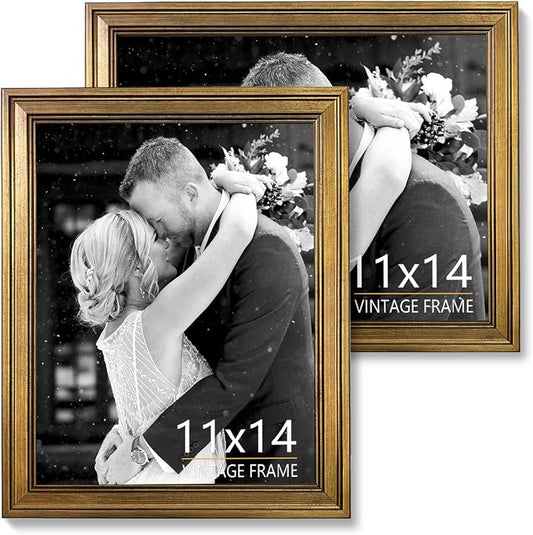 11x14 Picture Frame Set of 2 – Vintage Gold Picture Frames for Tabletop & Wall Mount, 11 x 14 Photo Frame for Living Room, Bedroom, Office Décor & Wedding Gifts