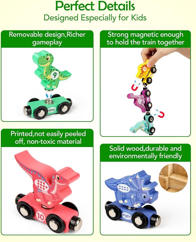 Vanmor Wooden Dinosaur Train Set for Toddlers - Magnetic Dinosaur Toys and Number Train, Montessori and Educational Toys Preschool Learning Activities for Kids, Birthday Gifts for Boys, Girls