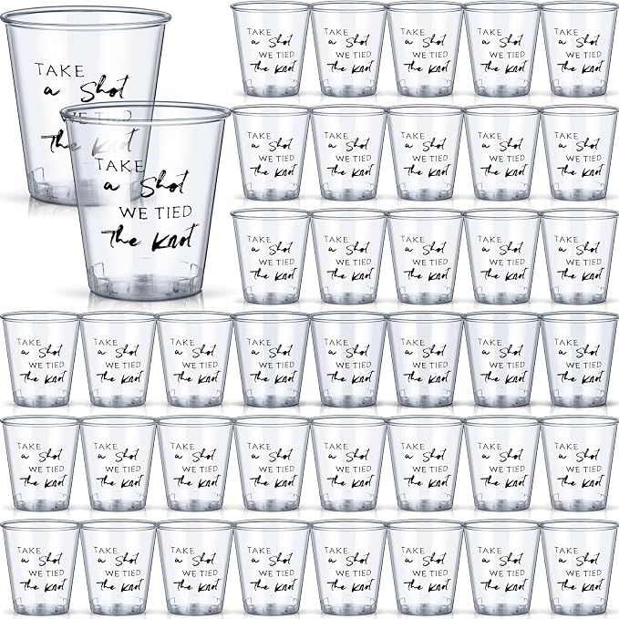 Domensi 200 Pieces Plastic Shot Clear Glasses 2 oz Take a Shot We Tied The Knot Disposable Mini Glasses Bulk Wedding Favors Cup for Weddings, Bridal Showers, Engagement Parties(Black)