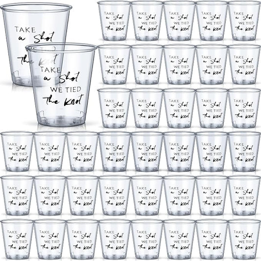 Domensi 200 Pieces Plastic Shot Clear Glasses 2 oz Take a Shot We Tied The Knot Disposable Mini Glasses Bulk Wedding Favors Cup for Weddings, Bridal Showers, Engagement Parties(Black)