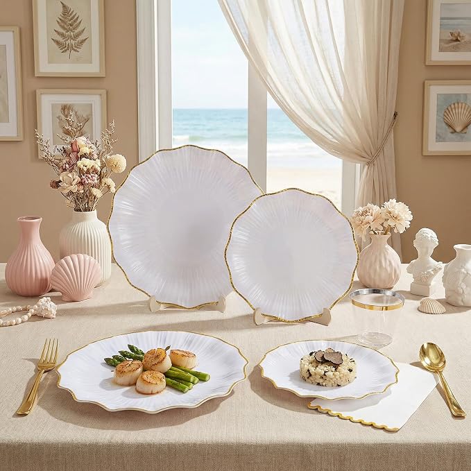 I00000 350 PCS White and Gold Plastic Plates for 50 Guests, Premium Scalloped Disposable Dinnerware Set Include: 100 Disposable Plate, 50 Napkins, 50 Cups, 50 Silverware Set for Party & Wedding
