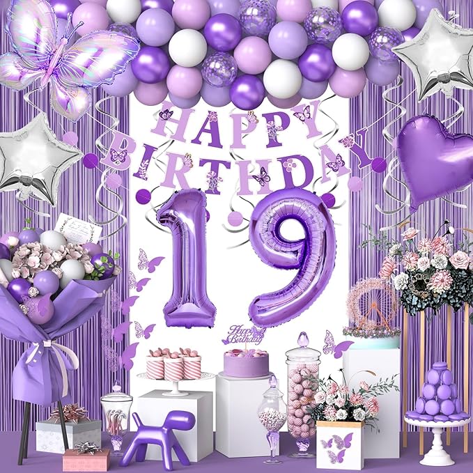 19th Purple Birthday Decorations for Women, Purple Pink 19th Birthday Decorations Butterfly Theme Lavender Party Decor Set with Number Balloons, Banner, Sash, Butterfly Stickers