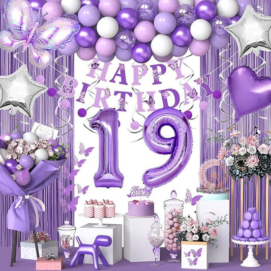 19th Purple Birthday Decorations for Women, Purple Pink 19th Birthday Decorations Butterfly Theme Lavender Party Decor Set with Number Balloons, Banner, Sash, Butterfly Stickers