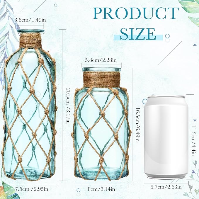 Chuangdi Set of 2 Coastal Glass Vases for Flowers TSITP Flower Vase with Boho Rope Small Sea Glass Jar Nautical Beach Bottle for Wedding Table Centerpieces Floral Arrangement Decor(Light Blue)