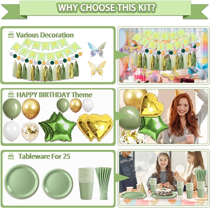 Guudmua 222 Pcs Sage Green Happy Birthday Decorations, Birthday Decorations for Women or Girl Kit- Disposable Dinnerware Set with 25 Guest, Balloons, Sash, Tiara, Banner, Paper Pom Poms