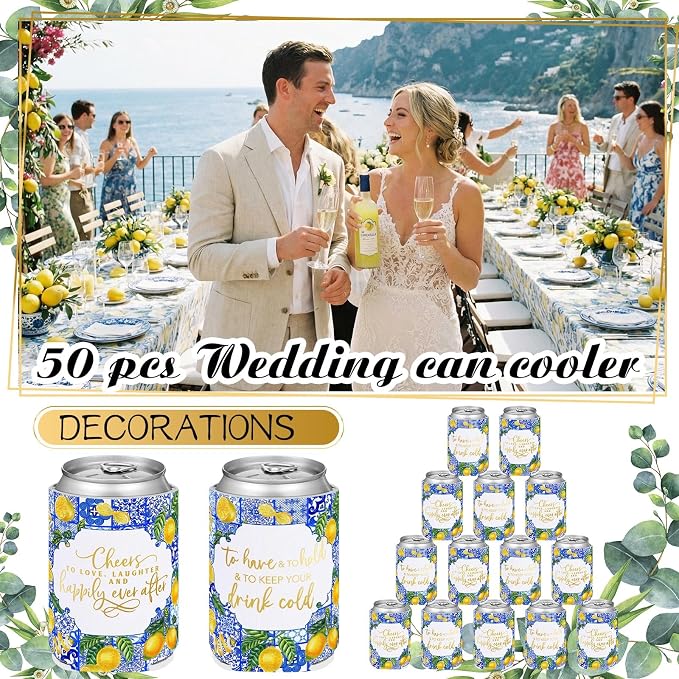 Qinyoung 50 Pieces Capri Lemon Wedding Can Cooler Bulk Amalfi Coast Decor Engagement Party Favors for Guests Cheers to Love Laughter and Happily Ever After Rehearsal Dinner Decorations for Wedding