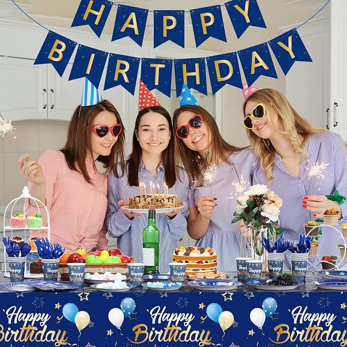 Pajean Blue and Gold Happy Birthday Party Tableware Set Navy Blue Birthday Decoration for Men Banner and Tablecloths Plates Cups Napkins Dinnerware for 24 Guests Party Supplies