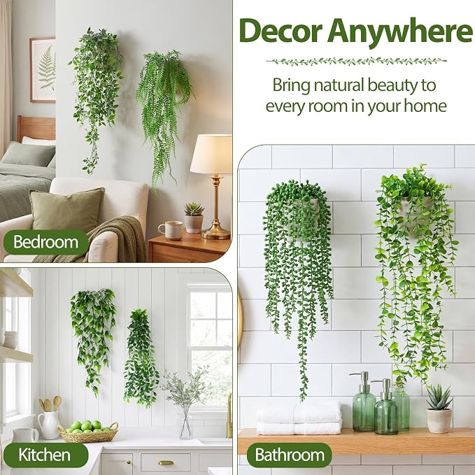 Daifunli 18 Pcs Artificial Hanging Plants Fake Hanging Ferns Plastic Fake Plant for Wall Room Garden Garland Indoor Outdoor Decor No Basket (Eucalyptu,Mandala,Boston,String of Pearl,Podocarpu,Pothos)