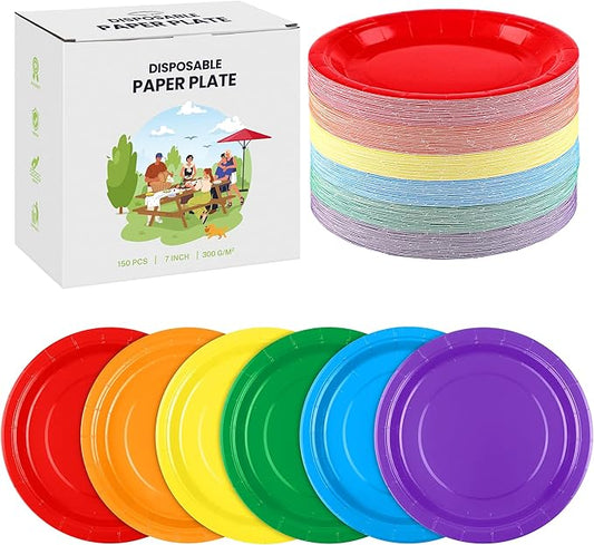 Kochorie 150 Pieces Rainbow Paper Plates 7 Inch Bulk Disposable Solid Colorful Dinner Plates Heavy Duty Round Dessert Supplies for Birthday Wedding Holiday Bridal Shower Party Supplies