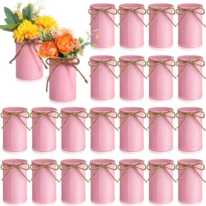 Rustic Vase for Table Centerpieces 4.33 Inch Small Petite Flower Vase with Twine Bow Vintage Farmhouse Decor for Wedding Reception Dining, Home Galvanized Metal Buckets(Pink,24 Pcs)