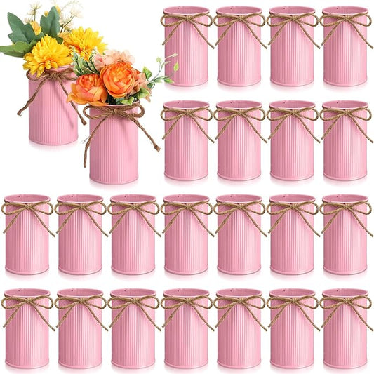 Rustic Vase for Table Centerpieces 4.33 Inch Small Petite Flower Vase with Twine Bow Vintage Farmhouse Decor for Wedding Reception Dining, Home Galvanized Metal Buckets(Pink,24 Pcs)