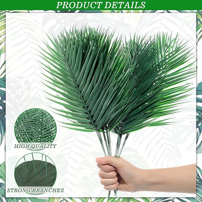 Jexine 100 Pcs Easter Palm Leaves for Palm Sunday Artificial Fake Branches Tree Stems Large Faux Greenery Plants Fronds for Church Holy Week Hawaiian Jungle Wedding Party Decoration (5 Assorted Sizes)