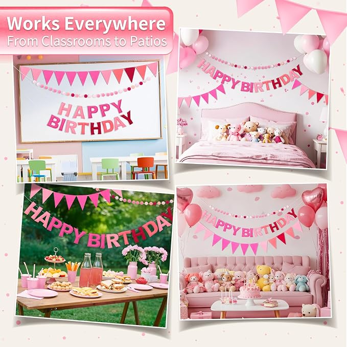 Pre-Strung Happy Birthday Banner & Felt Garland Set - Ombre Pink Birthday Decorations for Women Girls | Reusable Party Supplies for Indoor & Outdoor