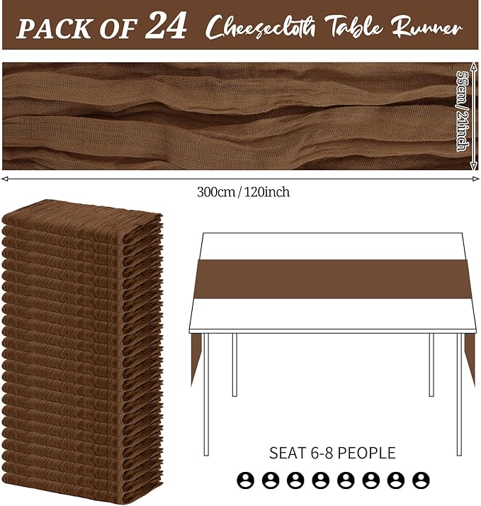24 Pack Cheesecloth Table Runner 20 x 120 inch Cheese Cloth Table Runner Bulk,Romantic Boho Sheer Gauze Fabric Table Runners for Wedding Reception,Party,Bridal Shower Table Decor(Brown)