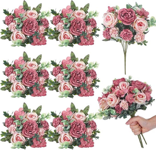 Wavwavw 6 Pcs Artificial Peony Silk Florals Fake Mix Silk Peony Rose Faux Flower Hydrangea Bouquet Elegant Realistic Wedding Floral Centerpiece for Home Party Table Arrangement (Champagne with Red)