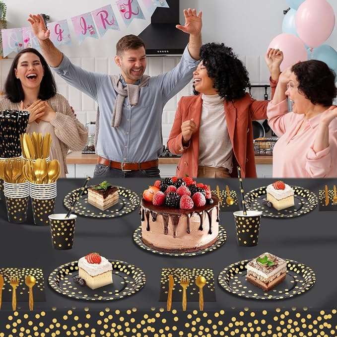 Nkaiso 193 Pcs Black Gold Paper Plates and Napkins Party Supplies Sets Include Black Party Plate Cup Napkin Plastic Cutlery for Baby Shower, Wedding, Birthday Decoration -24 Guest