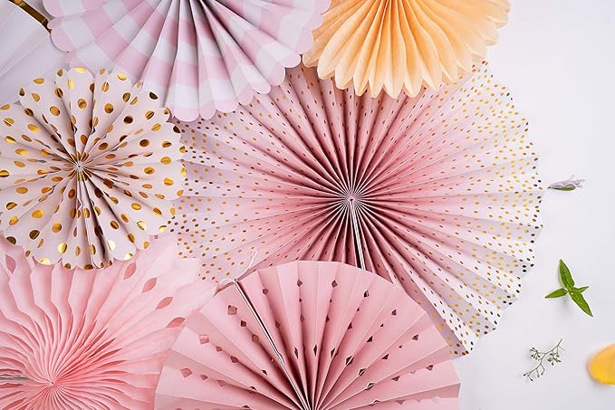 PapaKit 8-Piece Origami Paper Fan Set – Sparkling Pink Rose Blush & Gold Metallic Accents – Reusable Hanging Pinwheel Wall Backdrop for Girls Birthday, Baby Shower, Wedding, Bridal Shower & Boho Party Decorations