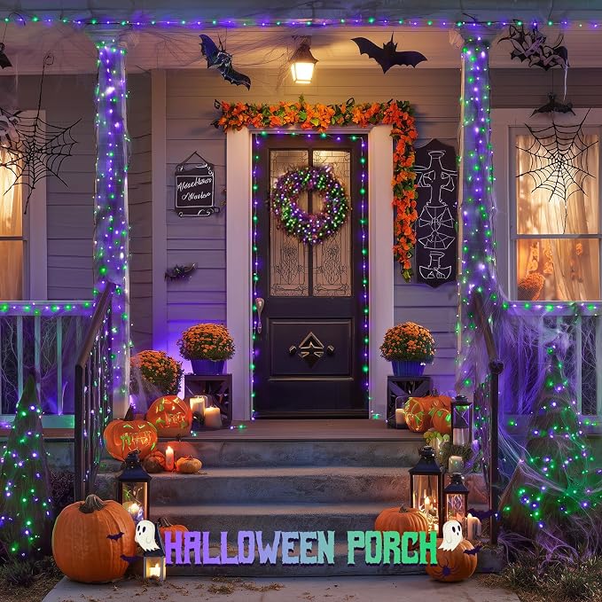 JMEXSUSS 200 LED Purple and Green Halloween Fairy Lights Plug in | 8 Modes Halloween Lights Indoor Outdoor with Wheel, 66 ft Remote Control Christmas Fairy Lights for Xmas