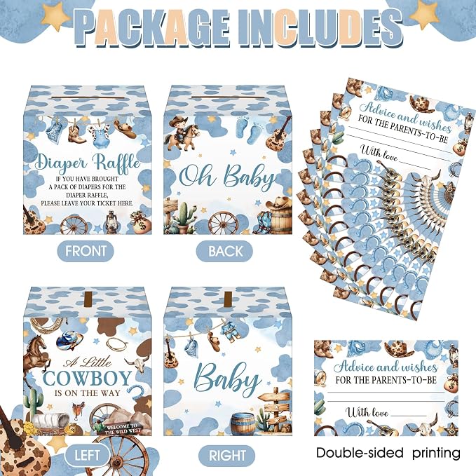 Teling 51 Pieces Diaper Raffle Tickets with Card Box Baby Shower Decorations Baby Shower Holder Box for Girl Boy Diaper Raffle Party(A Small Cowboy is on the Way)
