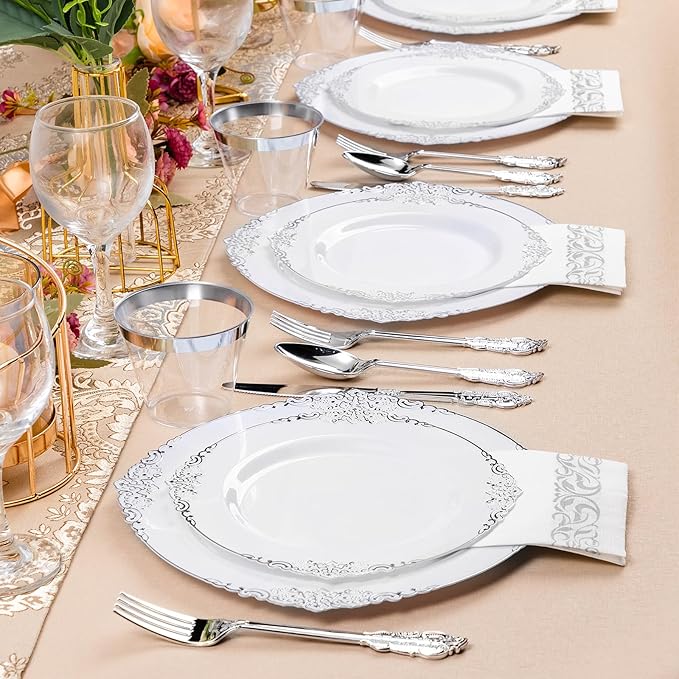 Bestluck 350PCS Silver Plastic Plates for 50 Guests, Disposable Dinnerware Set Includes 100 Disposable Plates, 150 Silver Silverware, 50 Cups, 50 Napkins for Party & Wedding