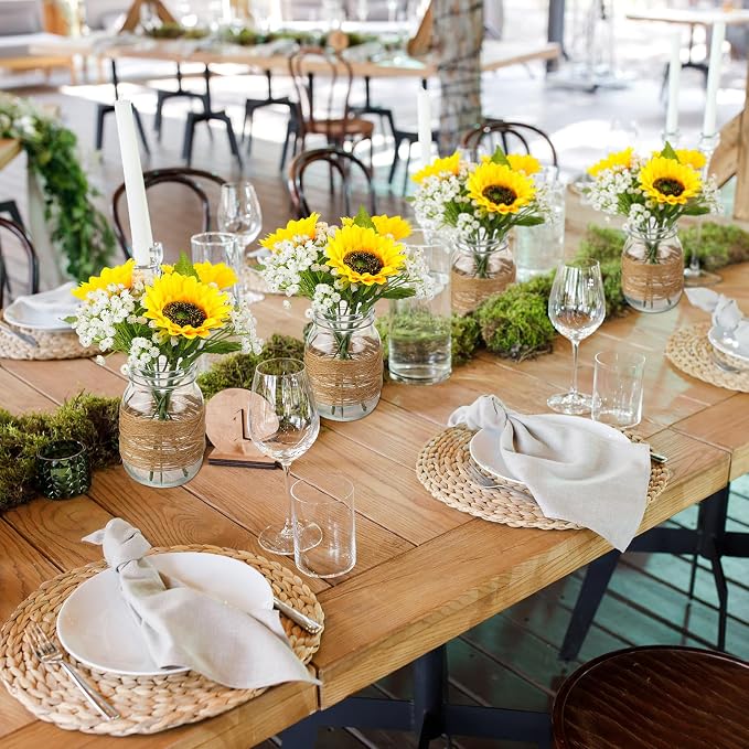 43 Pcs/ 6 Set Sunflower Mason Jar Table Centerpiece Mason Jar Vases Faux Floral with Rope Boho Rustic Flower Table Decoration for Reception Engagement Party Bridal Shower Wedding