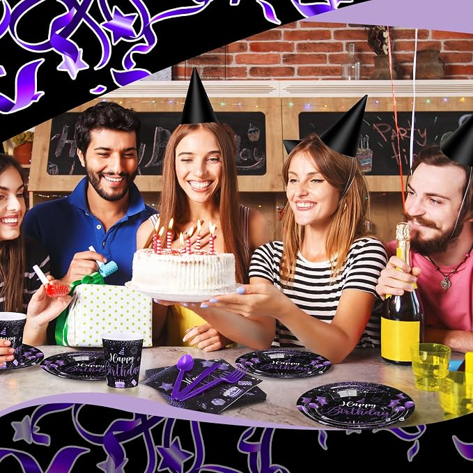 Vesici 350 Pcs Happy Birthday Party Supplies Disposable Party Tableware Set Serves 50 Included Plates Napkins Cups Cutlery for Men Woman 50th 80th Birthday Party Decorations (Black Purple)