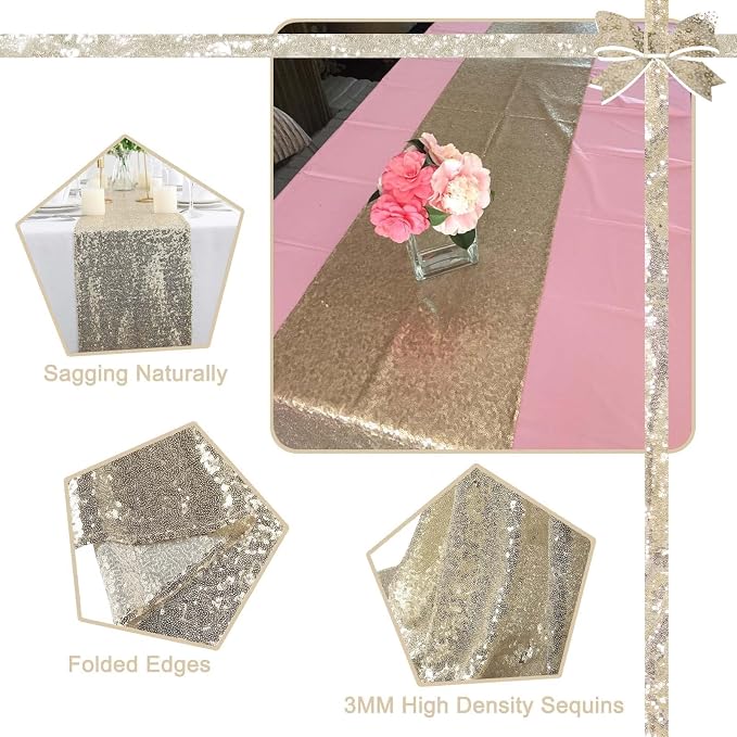 12 Pack Champagne Sequin Table Runner 12 x 108 Inch - High Density Sparkly Glitter Table Runners for Wedding, Baby Shower, Birthday, Banquet, Champagne Shimmer Party Decor