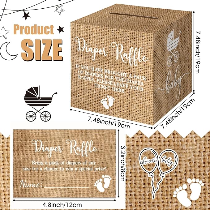 Teling 51 Pieces Diaper Raffle Tickets with Card Box Baby Shower Decorations Baby Shower Holder Box for Girl Boy Diaper Raffle Party(Burlap Grain Print)