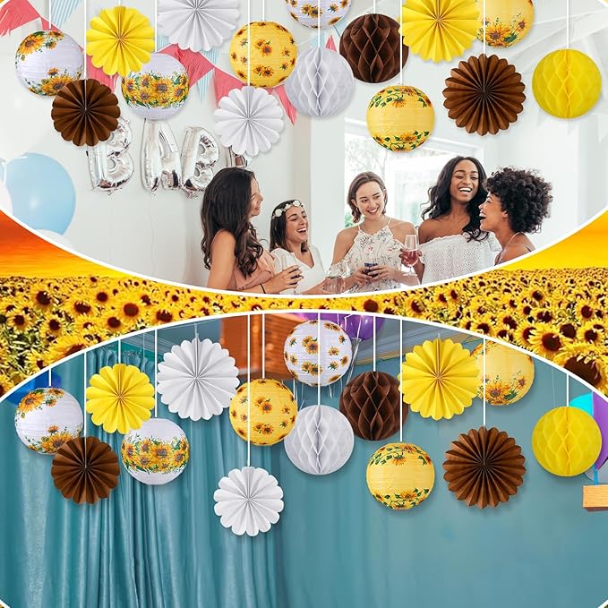 Raiten 18 Pcs Sunflower Party Decorations Kit Summer Hanging Paper Lanterns Yellow White Brown Sunflower Hanging Paper Fan Honeycomb Ball for Wedding Party Baby Shower