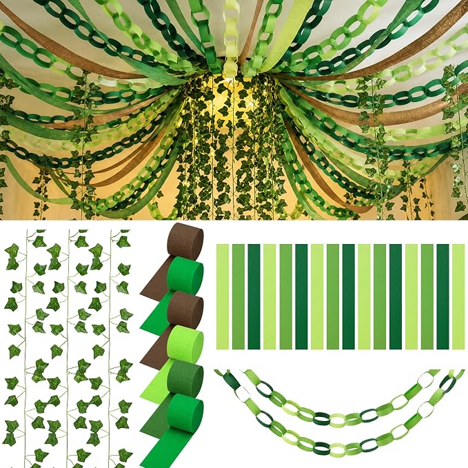 LFUTARI 500 Sheets Green Paper Chain Strips Garland, 492ft Jungle Crepe Paper Streamers and 82ft Fake Ivy Vines for Holiday Birthday Back to School Rainforest Party Classroom Backdrop Decorations