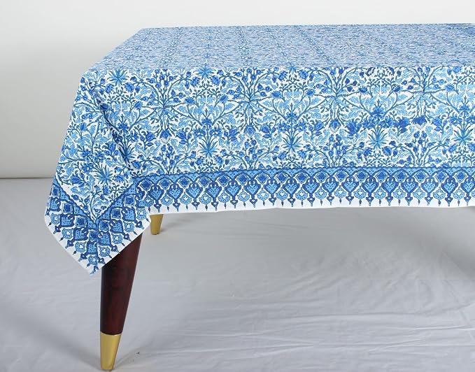 Ridhi Dark Royal Blue Hand Block Print Cotton Rectangle Tablecloth 190" x 72" inches Reusable Table Cover Decorative Everyday Use for Dining Room, Farmhouse, Home Gift for Spring, Mother's Day