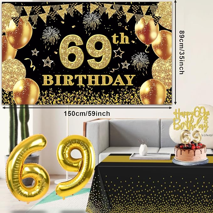 69th Birthday Decorations Men Women with 69th Birthday Banner, Black and Gold Table Cloth, Number Balloons, Large Sash, Cake Topper and Candles