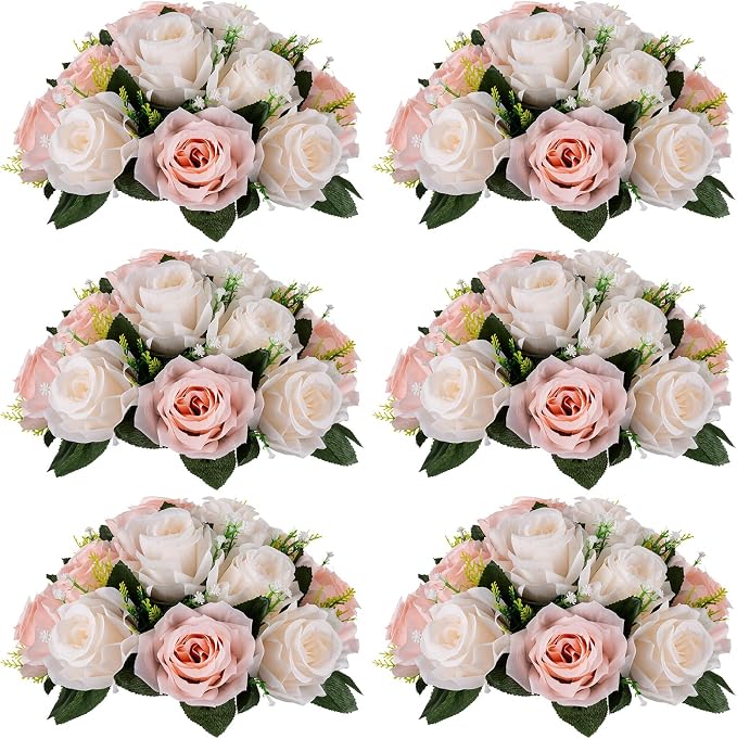 NUPTIO Flower Balls for Wedding Centrepieces - 6 Pcs 9.5in Diameter Artificial Flower Ball Arrangement Bouquet Peachy Pink & Creamy White Fake Rose Flowers Party Centerpieces for Weddings Tables | 6 Pcs Peachy Pink & Creamy White Fake Floral for Weddin...