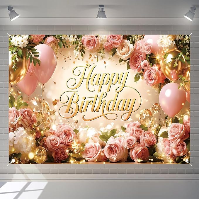 Happy Birthday Backdrop Banner For Women Girls Princess Pink Floral Flower Wall Rose Gold Balloon Party Decorations Photography Background Supplies Decor Fabric Photo Booth Props 7x5ft