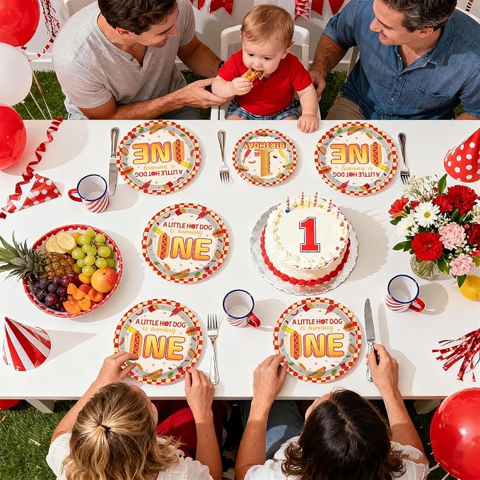96Pcs Hot Dog 1st Birthday Party Supplies A Little Hotdog Is Turning One Plates and Napkins Fast Food Sausage Disposable Tableware Set for Kids One Year Old Birthday Baby Shower Decorations Serves 24