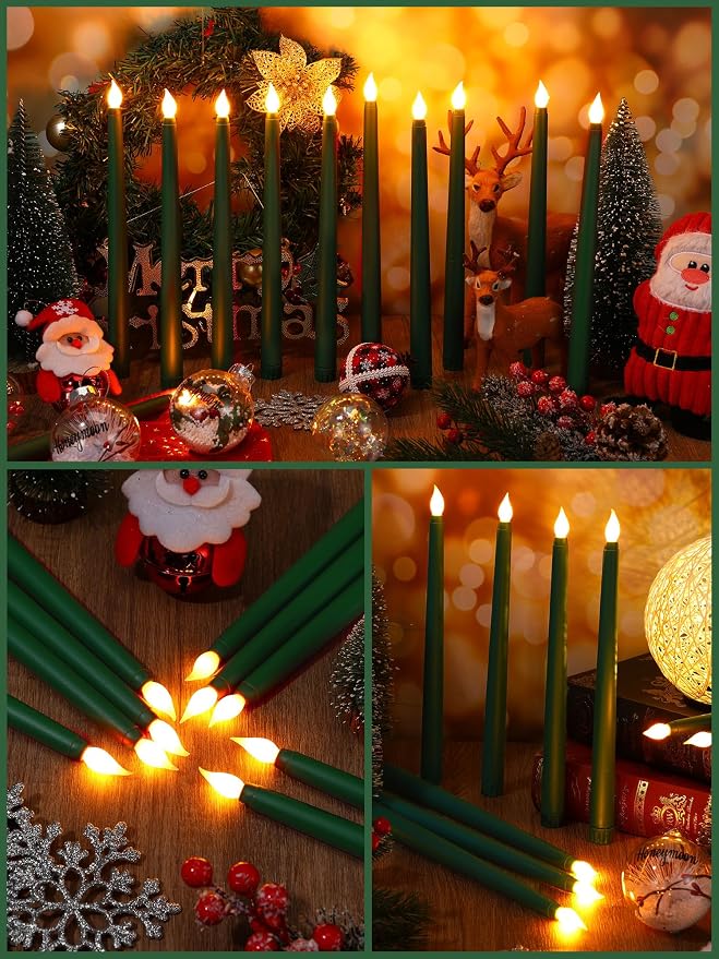 Funtery 48 Pcs Flameless LED Taper Candles Battery Operated Candles Bulk Realistic LED Candlesticks Flickering for Wedding Church Party Home Decor(Green,11 Inch,Classic Style)