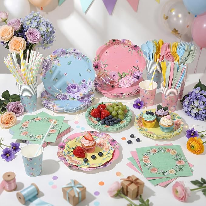 450 Pcs Floral Tea Party Tableware Set Decorations Scalloped Flower Paper Plates Napkins Cups Cutlery Straws for Pastel Garden Baby Bridal Shower Wedding Birthday Party Supplies, Serves 50