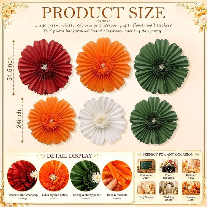 Giegxin 6 Pcs Giant Fall Paper Flowers Pumpkin Orange Sage Green Tissue Pom Poms Autumn Crepe Paper Flowers for Fall Wedding Baby Shower Birthday Boho Bridal Shower Backdrop Party Decorations