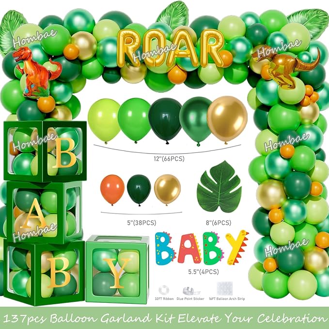 Hombae Dinosaur Baby Shower Decorations for Boy, Dino Themed Baby Shower Decorations, Rawr It’s a Boy Party Supplies Backdrop Balloon Banner Box Cake Cupcake Topper Mummy To Be Sash Green Gold