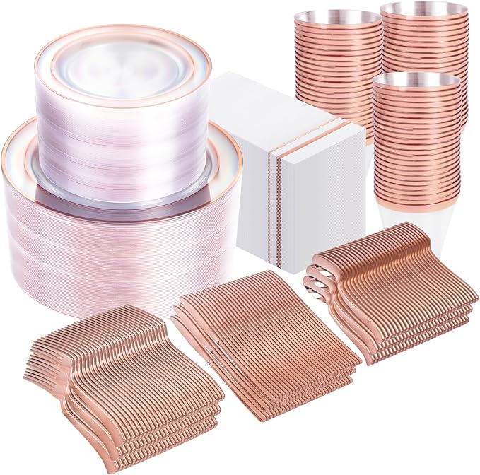 GATHER 700PCS Rose Gold Plastic Plates - Clear Rose Gold Rim Disposable Dinnerware Set Includes 200 Plates, 300 Silverware, 100 Napkins, 100 Cups for Party & Wedding & Mother's Day