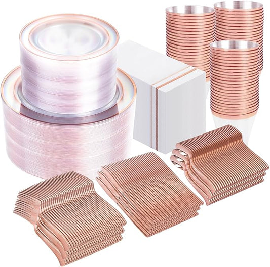 GATHER 700PCS Rose Gold Plastic Plates - Clear Rose Gold Rim Disposable Dinnerware Set Includes 200 Plates, 300 Silverware, 100 Napkins, 100 Cups for Party & Wedding & Mother's Day