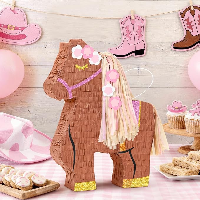 WERNNSAI Horse Piñata - Cowgirl Birthday Party Decorations Pink Brown Horse Piñata with Blindfold and Bat Western Cowgirl Party Favors for Kids Boys Classroom Activities Kentucky Derby Games