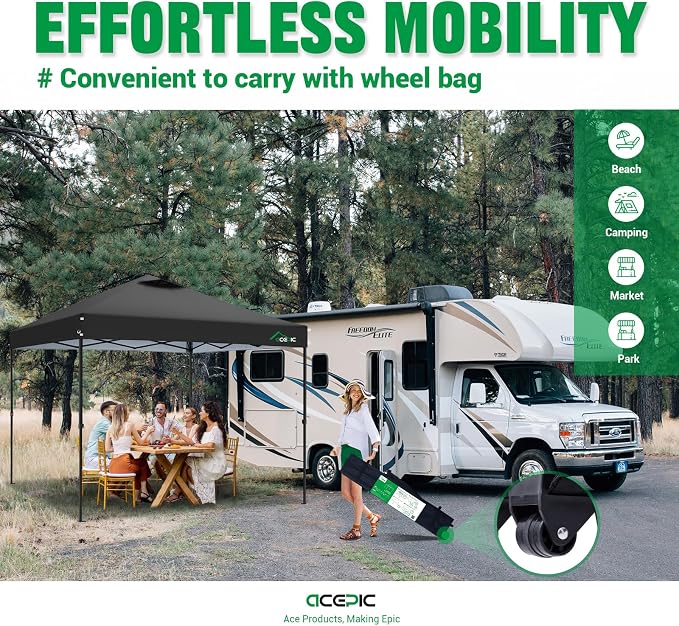 10x10 Pop Up Canopy Tent,300D Silver-Coating Top,Pop Up Canopy Tent Instant Portable Shelter with 1-Button Push and Wheel Carry Bag, 8 Stakes and 4 Upgrade Heavy Duty Canopy Weights (Black)