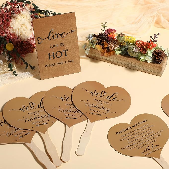 51 Pcs Wedding Fans for Guests Wedding Favor Paper Fans with Handle Bulk Table Sign for Ceremony Bridal Party Decoration(Brown,Classic)