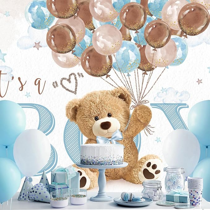 Boys Bear Baby Shower Backdrop 5Wx3H Feet It's a Boy Lovely Cute Blue Brown Watercolor Cartoon Balloons Polyester Fabric Kids Newborn Photography Backgrounds Photo Shoot Decor Props Decoration