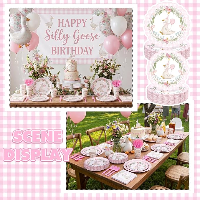 Zhehao 350 Pcs One Silly Goose Birthday Party Tableware Set Scalloped Pink Gingham Baby Shower Plates Cup Napkins Forks for Birthday Party Decorations Supplies for 50 Guests